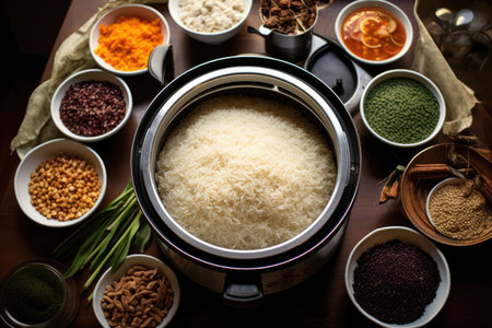 overhead shot of various rice types near cooker, created with generative aiの素材
