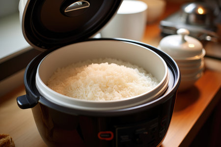 open rice cooker filled with perfectly cooked rice, created with generative aiの素材