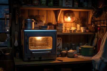 glowing toaster oven in a dimly lit kitchen for a cozy ambiance, created with generative aiの素材