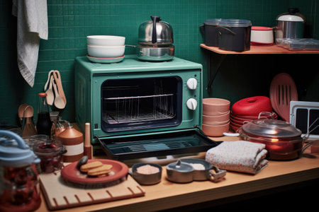 flat lay of toaster oven and kitchen utensils nearby, created with generative aiの素材