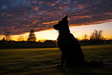 silhouette of a dog at sunset in a grassy park, created with generative aiの素材