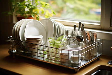 dish rack filled with clean, shiny dishes, created with generative aiの素材