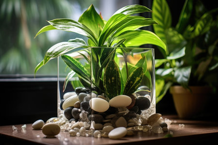 houseplant surrounded by water-filled glass pebbles, created with generative aiの素材