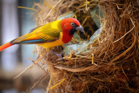 colorful weaver bird adding material to nest, created with generative aiの素材