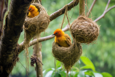 close-up of weaver birds nest hanging from tree branch, created with generative aiの素材
