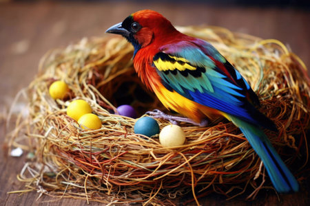 contrast of colorful weaver bird and nest, created with generative aiの素材