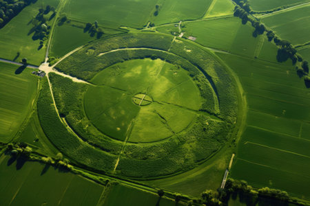 top-down shot of crop circle within lush farmland, created with generative aiの素材