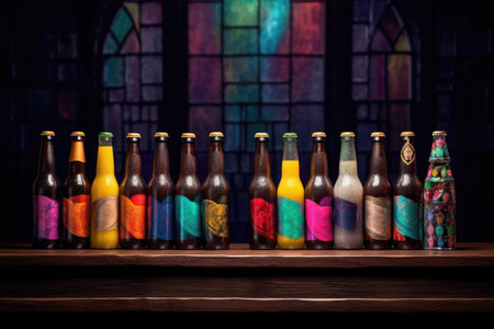 row of colorful beer bottles with blank labels, created with generative aiの素材