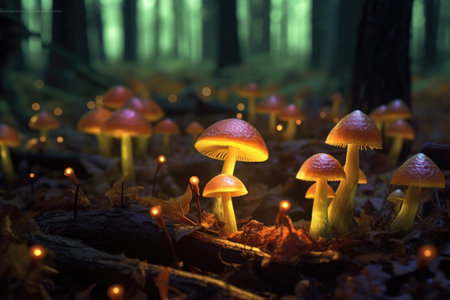 close-up of glowing mushrooms on forest floor, created with generative aiの素材