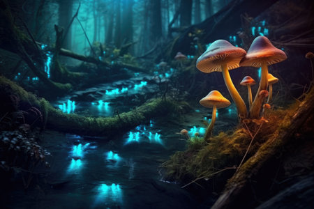 cluster of bioluminescent mushrooms near a stream, created with generative aiの素材