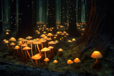 fairy ring of glowing mushrooms in darkness, created with generative aiの素材