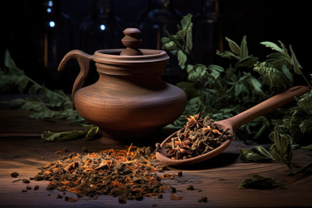 tea leaves in a wooden scoop next to a teapot, created with generative aiの素材