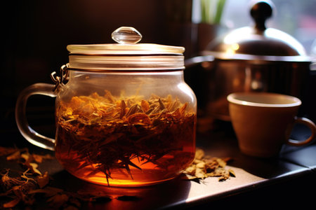 close-up of tea leaves steeping in a glass teapot, created with generative aiの素材