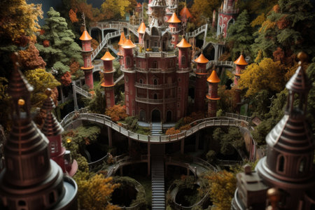 top view of toy castle surrounded by toy trees, created with generative aiの素材