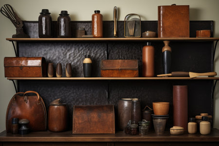 collection of leather care items on a shelf, created with generative aiの素材