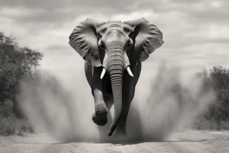 dramatic black and white image of a charging bull elephant, created with generative aiの素材