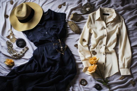outfit laid out on bed with accessories, created with generative aiの素材