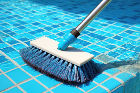 pool brush scrubbing pool tiles, created with generative aiの素材