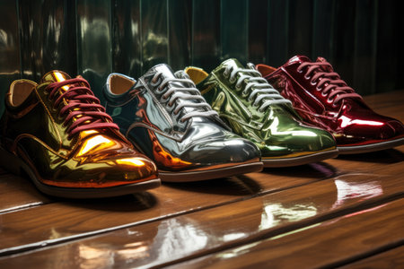 a row of shoes with shining reflections after polishing, created with generative aiの素材