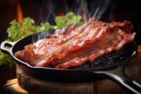 close-up of sizzling bacon in a frying pan, created with generative aiの素材