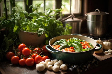 fresh basil, tomatoes, and garlic near pasta pot, created with generative aiの素材
