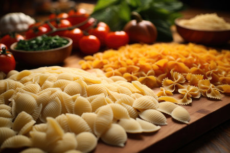close-up of pasta shapes on wooden board, created with generative aiの素材
