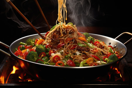 wok with chopsticks lifting noodles, close-up, created with generative aiの素材