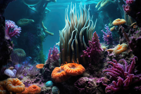 colorful coral polyps reaching out for nutrients, created with generative aiの素材