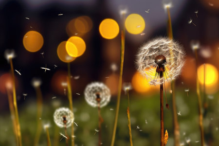 dandelion seed dispersal with blurred background, created with generative aiの素材