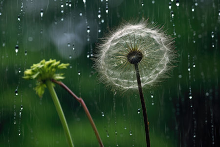dandelion seed head dispersal in rainstorm, created with generative aiの素材