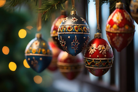 close-up of ornaments hanging on a christmas tree, created with generative aiの素材