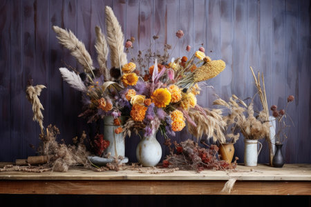 creative arrangement of dried flowers on a rustic table, created with generative aiの素材
