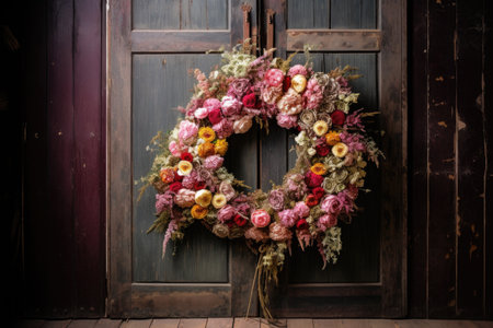preserved flower wreath on a rustic wooden door, created with generative aiの素材