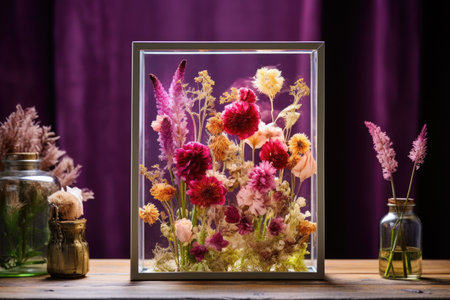 preserved flowers in a glass frame as a creative wall decoration, created with generative aiの素材