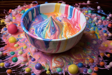 bowl of colorful baby cereal and milk, created with generative aiの素材