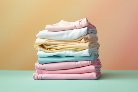 folded baby clothes on a pastel background for a nursery, created with generative aiの素材