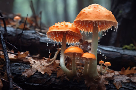 fungi sporangia with spores on decaying foliage, created with generative aiの素材