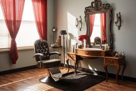hair salon chair in front of a large mirror, created with generative aiの素材