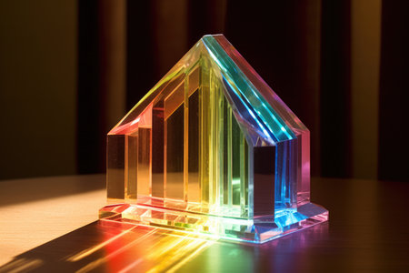 close-up of glass prism with rainbow light rays, created with generative aiの素材