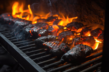 close-up of charcoal grill with glowing coals, created with generative aiの素材