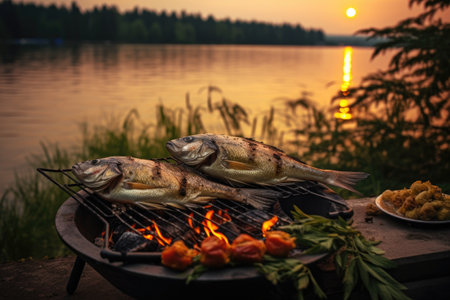 grilling fish in nature near a lake, created with generative aiの素材