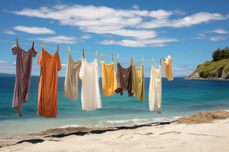 clothes drying on a line near a beautiful beach, created with generative aiの素材