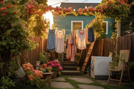 laundry hanging in a cozy backyard garden, created with generative aiの素材