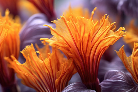 close-up of vibrant saffron stigmas on a flower, created with generative aiの素材