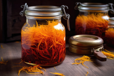 saffron stigmas stored in a vintage glass jar, created with generative aiの素材