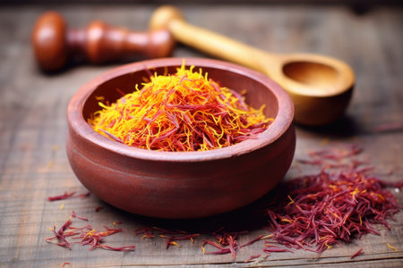freshly picked saffron stigmas in a wooden bowl, created with generative aiの素材