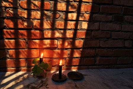 candle casting shadows on a brick wall, created with generative aiの素材