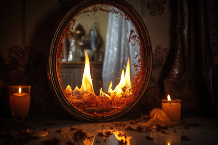 reflection of candle flame in a mirror, created with generative aiの素材