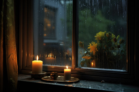 rainy window with candle glow inside, created with generative aiの素材