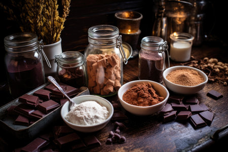 hot chocolate ingredients arranged on a table, created with generative aiの素材